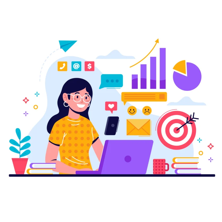 Illustration of a smiling woman using a laptop with digital marketing icons such as charts, target, email, and social media around her – representing the Best Digital Marketing Agency.