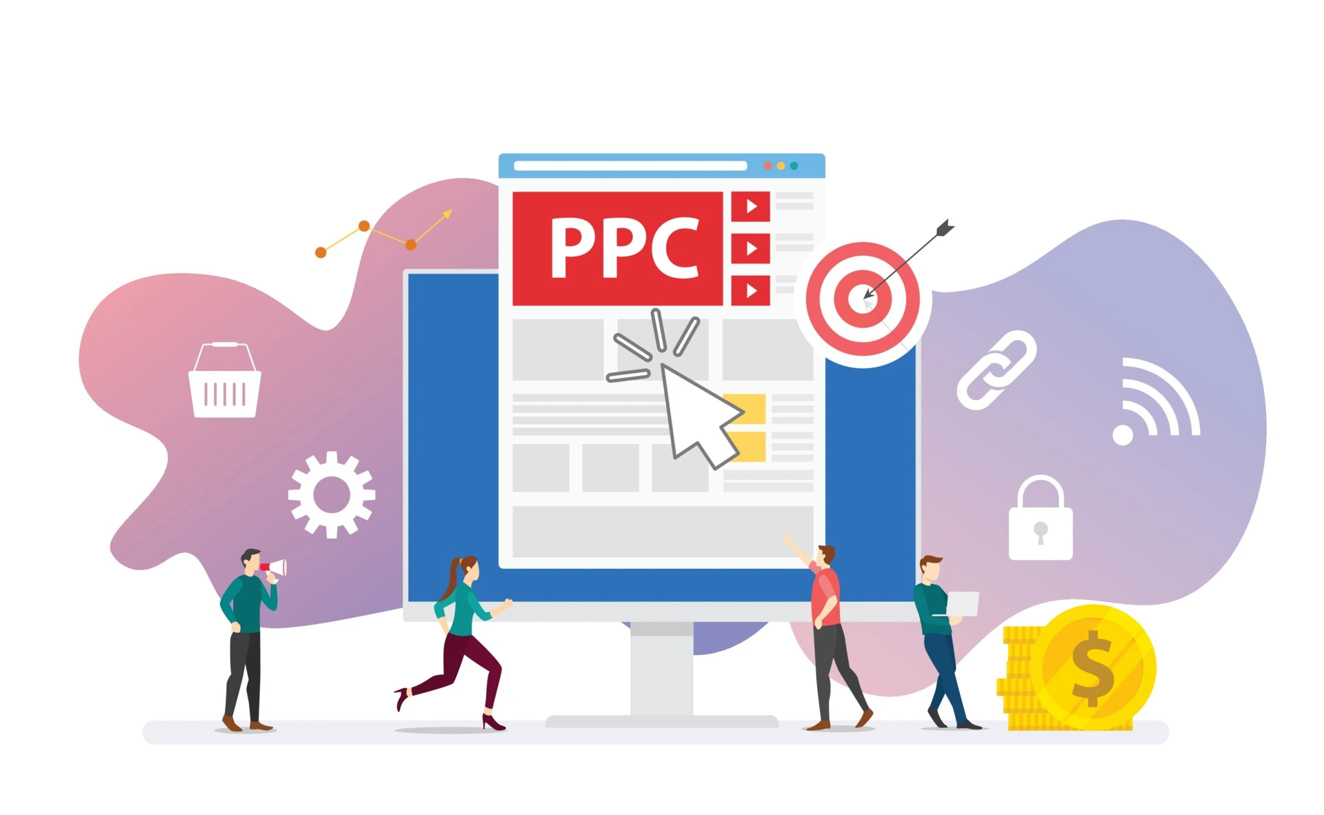 Flat vector illustration showcasing PPC (pay‑per‑click) services by a digital marketing services company