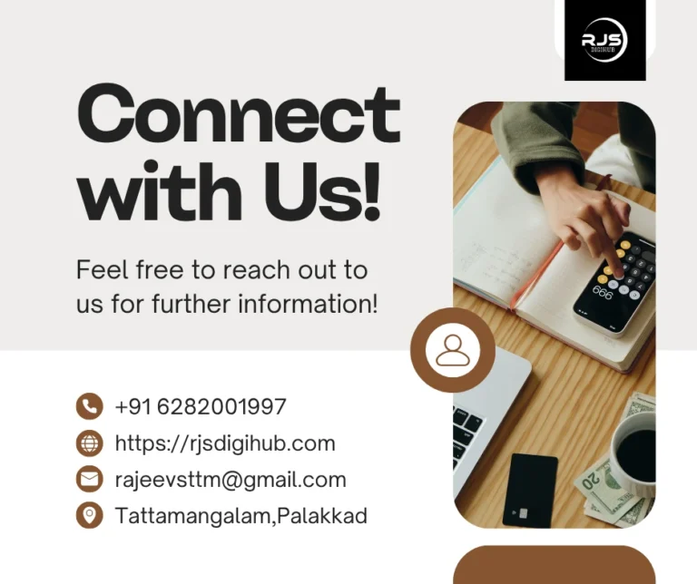 "Contact card of a digital marketing agency with phone, email, website, and location details, featuring a workspace with a calculator, notebook, and coffee cup."