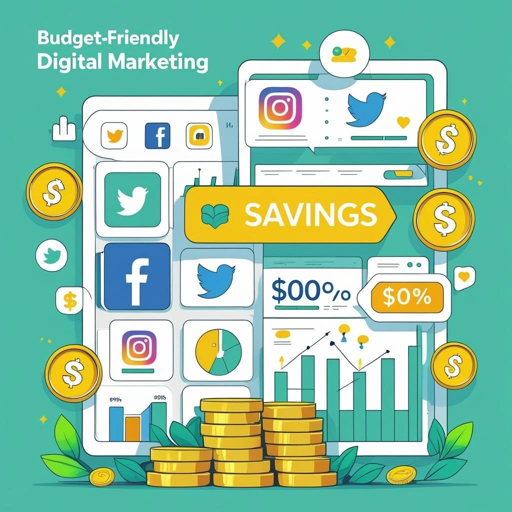 Illustration showing budget-friendly social media marketing services in Kerala with icons of popular platforms and savings visuals.