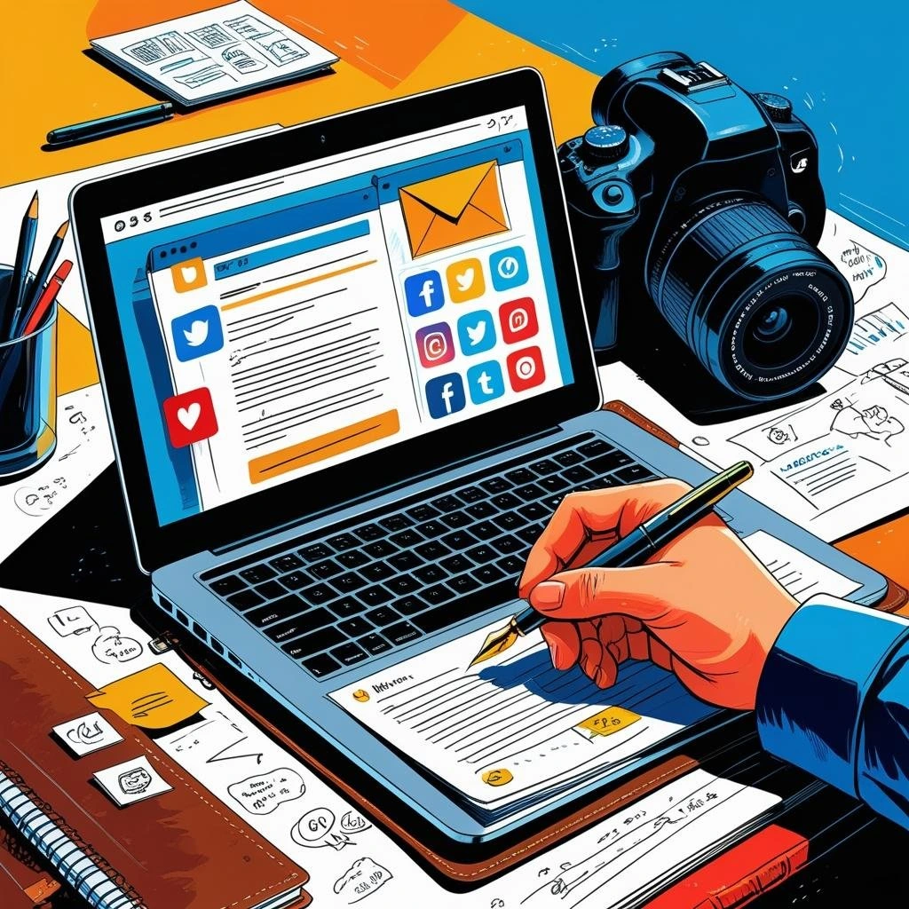 a table having laptop and camera on top which the digital marketer is using to create ideas to boost social media marketing services.