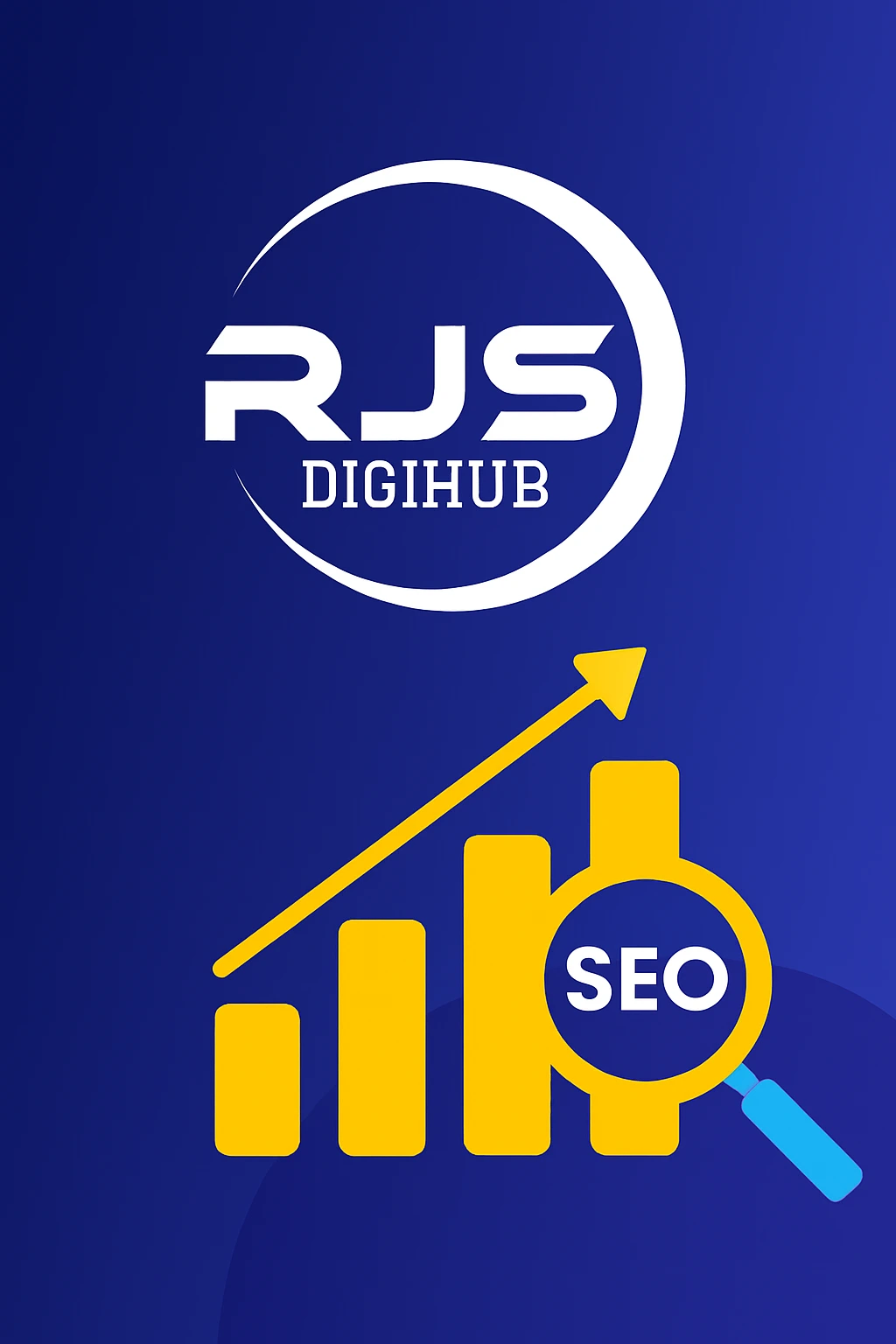 High-rising SEO graph with RJS DigiHub logo on top showcasing SEO services in Kerala.
