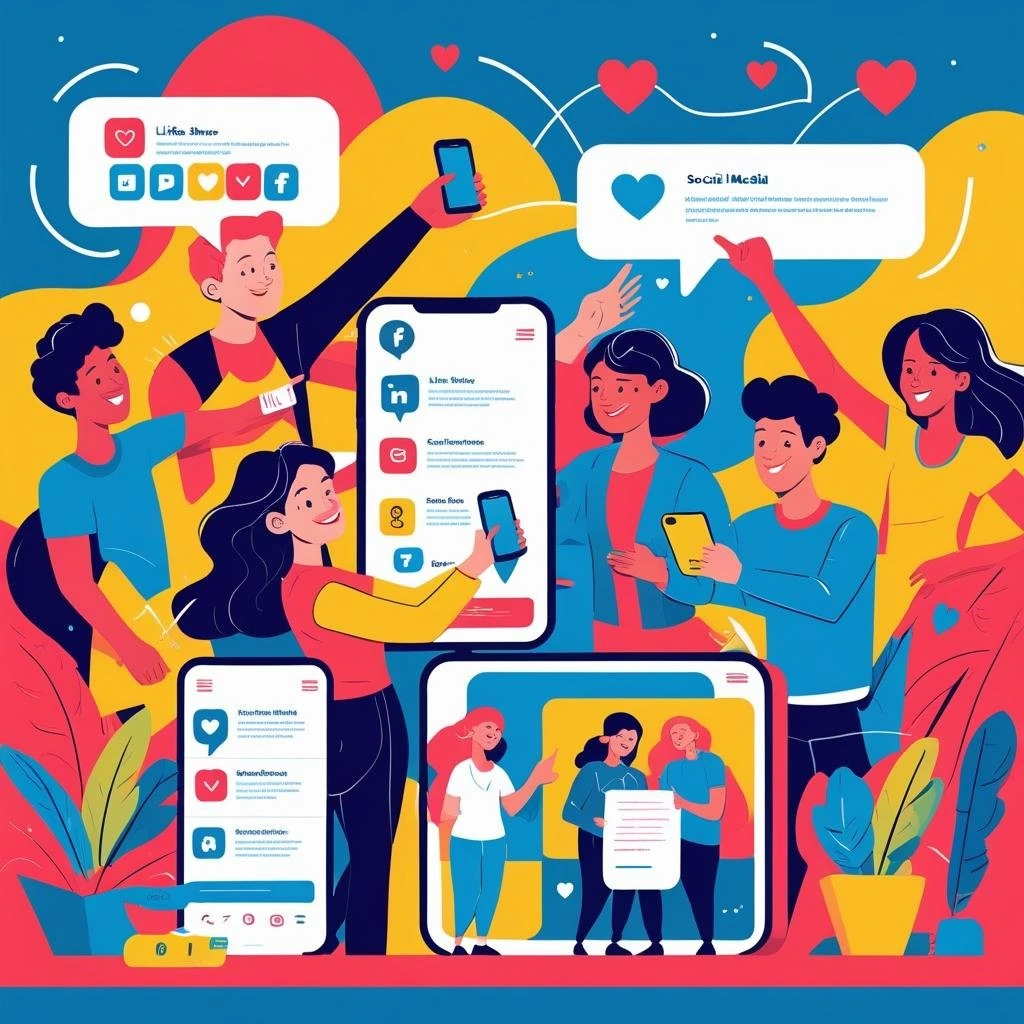People engaging through mobile phones and social media apps representing social media marketing services.