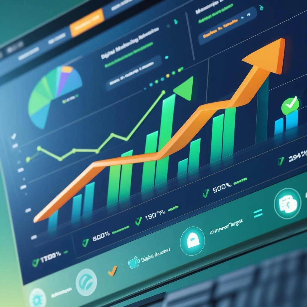 Growth chart and dashboard metrics representing results of social media marketing services.