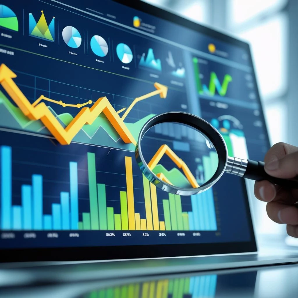 A laptop screen with bar graph analytics where a digital marketer is analysing using a magnifying glass about the performance of social media marketing services.