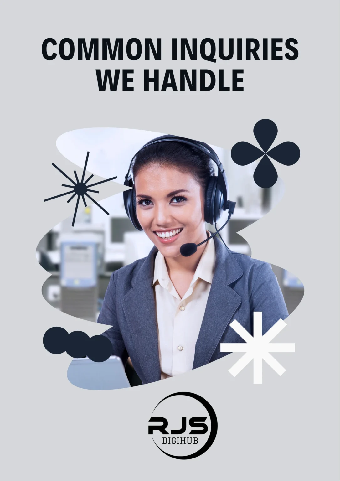 "Customer support representative with headset smiling, surrounded by abstract icons, with the title 'Common Inquiries We Handle' and RJS Digihub digital marketing agency logo."