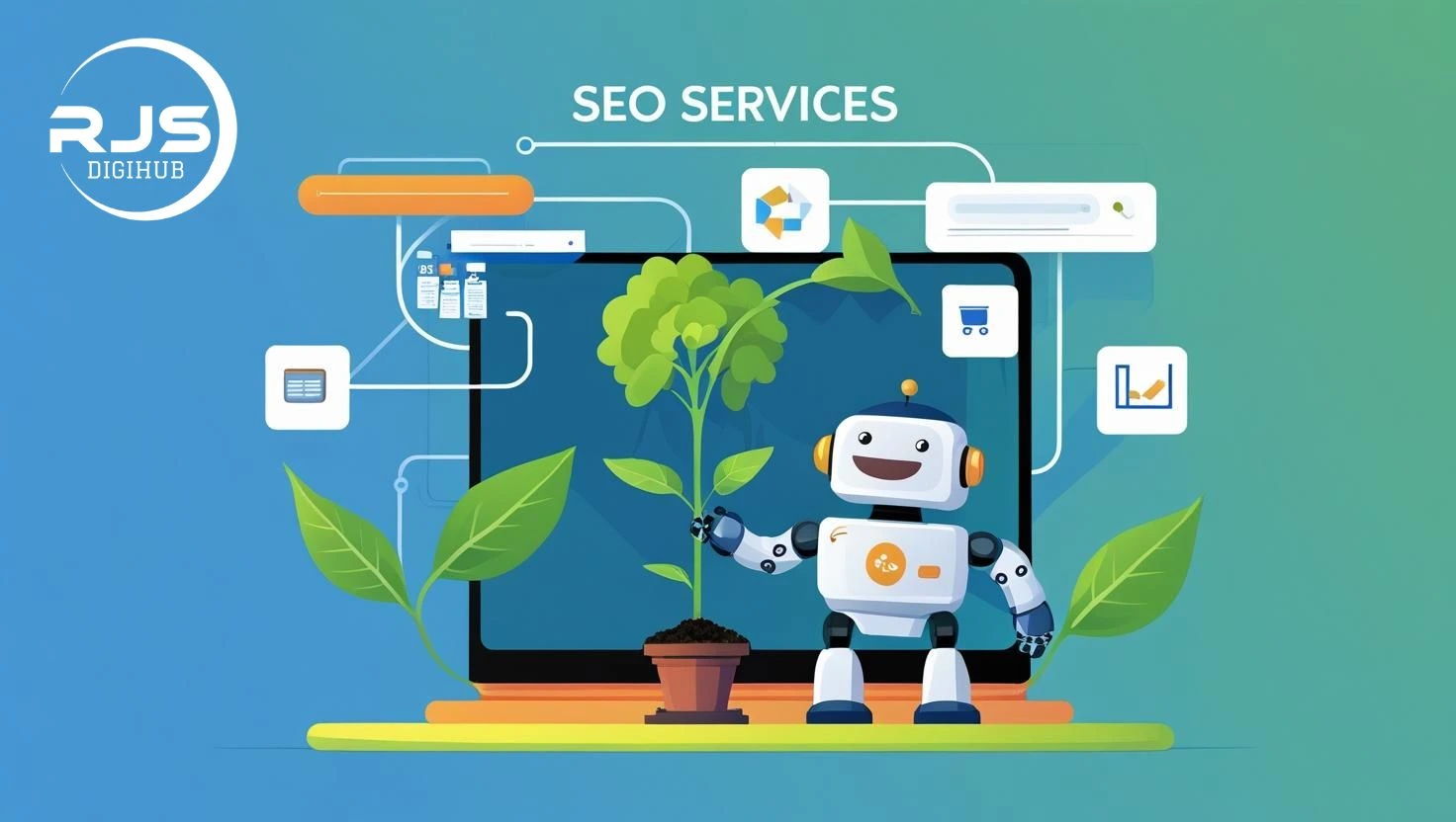 "Illustration of a cheerful robot nurturing a plant in front of a computer screen, symbolizing growth through SEO services in Kerala, with RJS DigiHub logo."