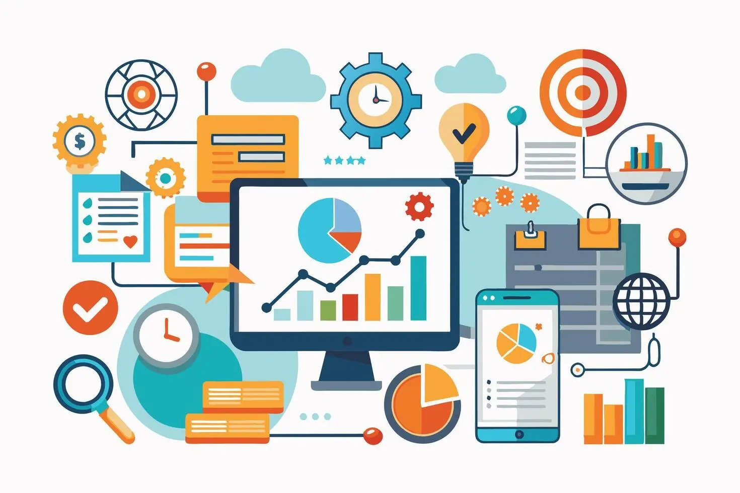 Illustration of digital marketing services dashboard with charts, graphs, analytics, and performance tracking elements.