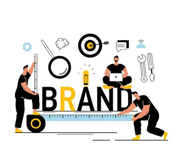 Team working on brand development concept with digital marketing services elements like target, tools, and innovation.
