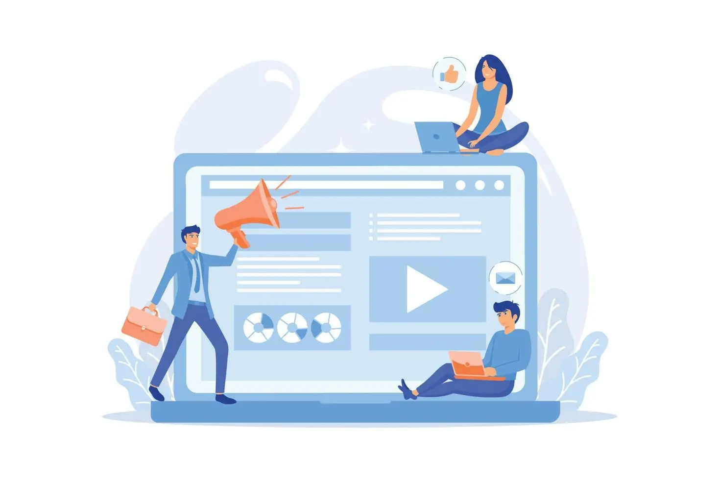 Illustration of professionals engaging in digital marketing services with laptops, charts, and megaphone in front of a large screen.