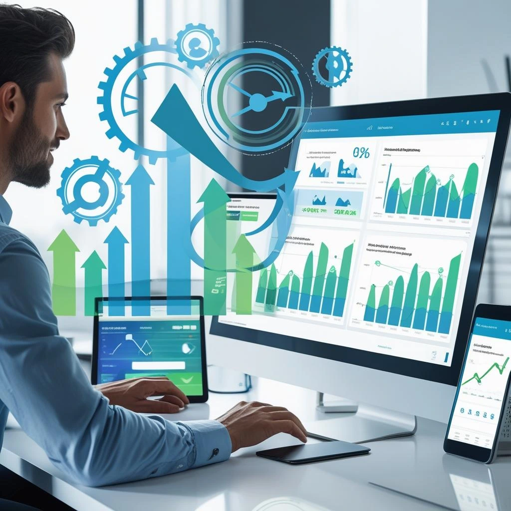 Digital marketer analyzing performance dashboards for social media marketing services.