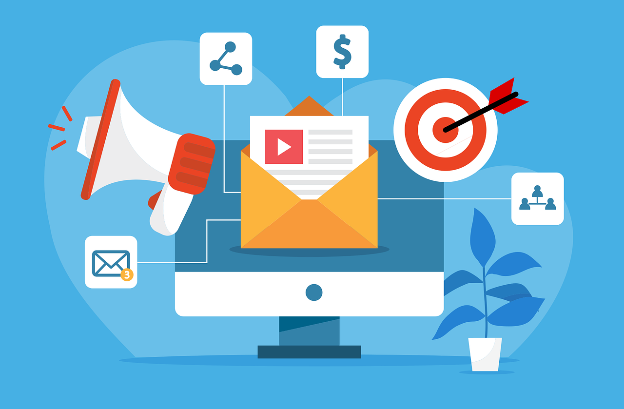 Illustration of digital marketing services featuring email marketing, social sharing, and targeted campaigns with icons around a computer screen.