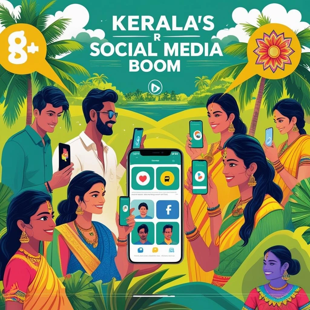 Traditional Kerala men and women using smartphones to represent the rise of social media marketing services.