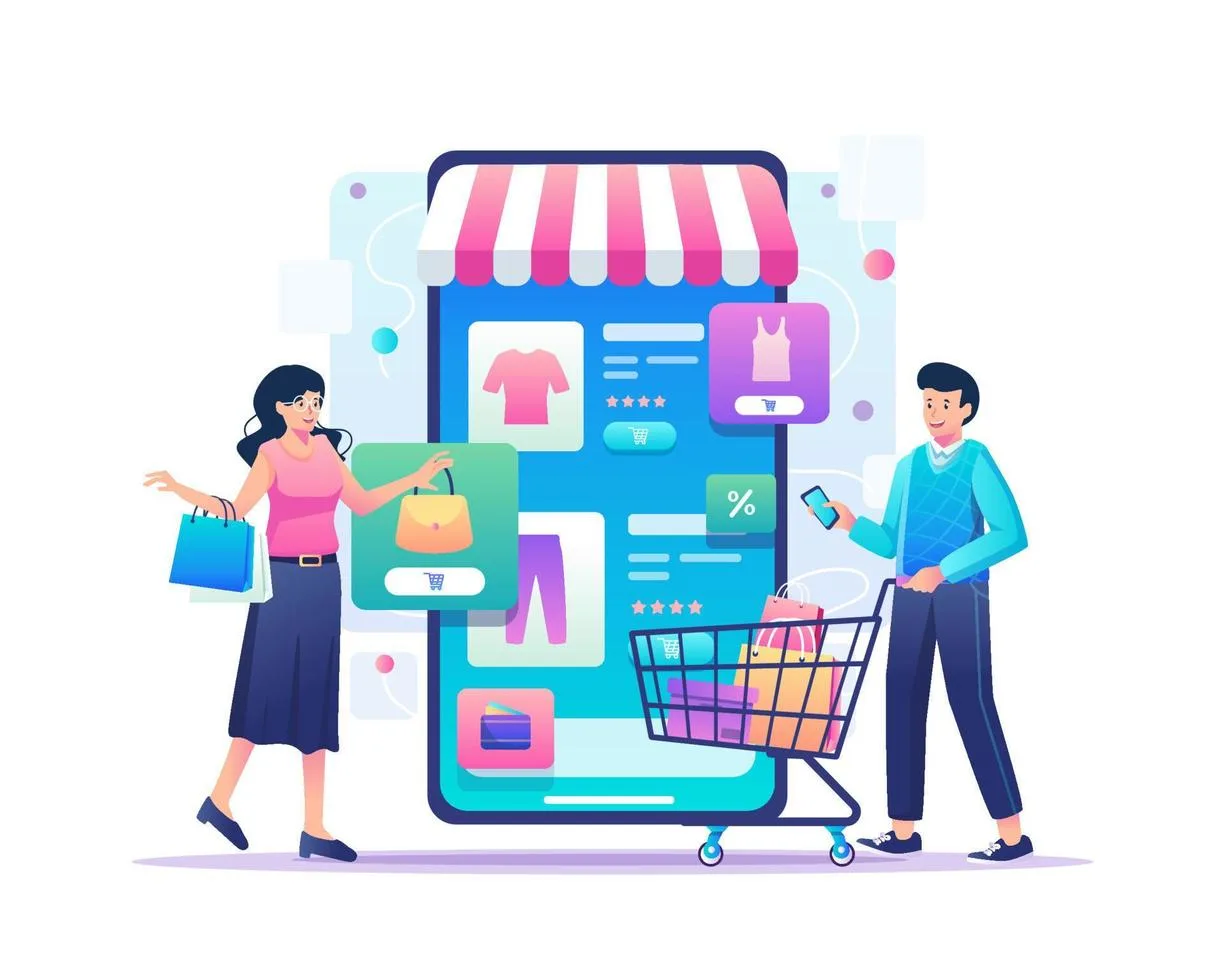 Illustration of e‑commerce storefront and shopping icons by a digital marketing services company