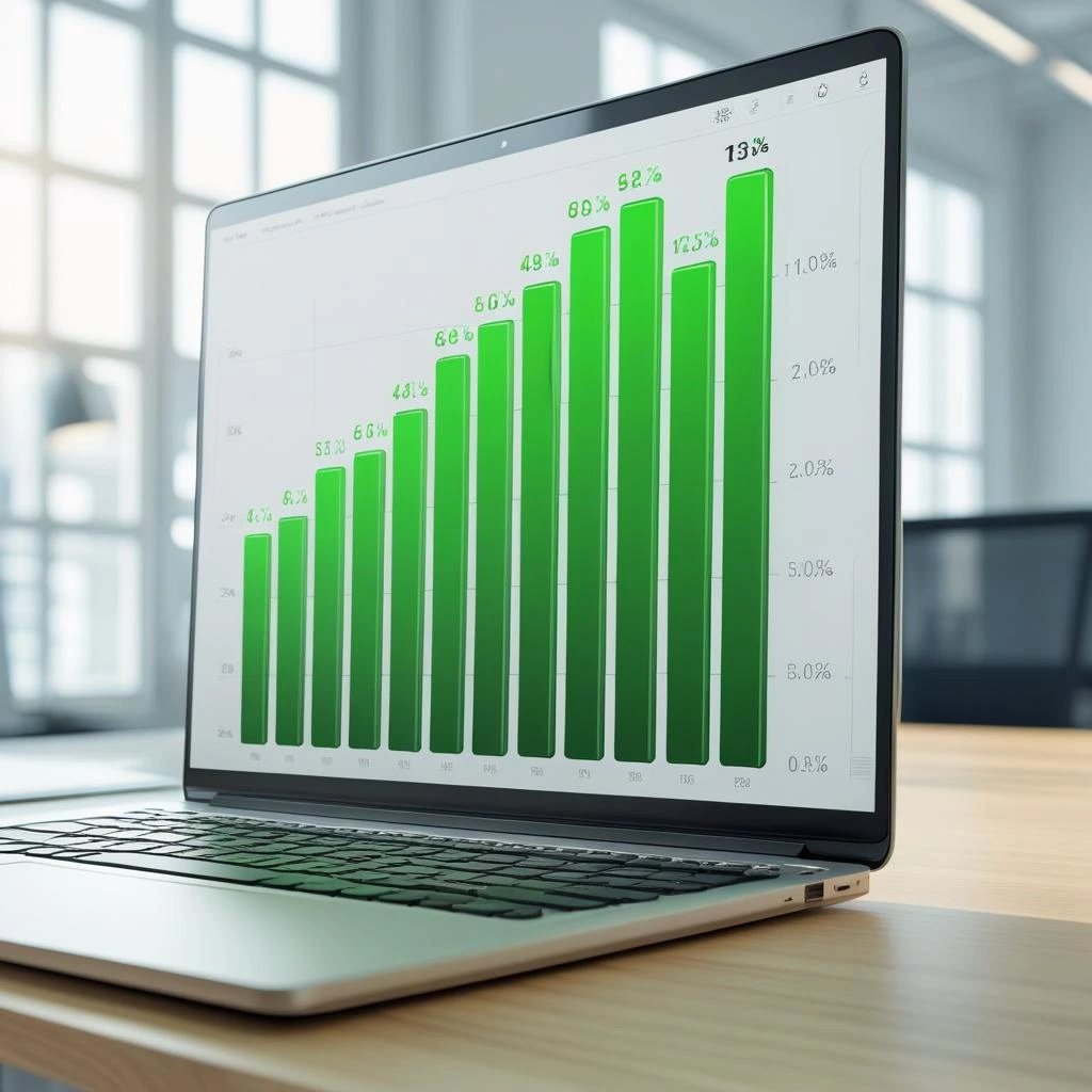 Laptop screen displaying green growth bar chart by the Best Digital Marketing Company.