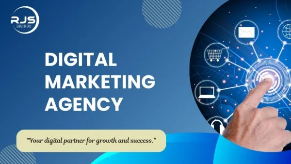 Poster of RJS Digihub offering digital marketing services with icons of email, shopping cart, laptop, and a hand pressing a digital interface.