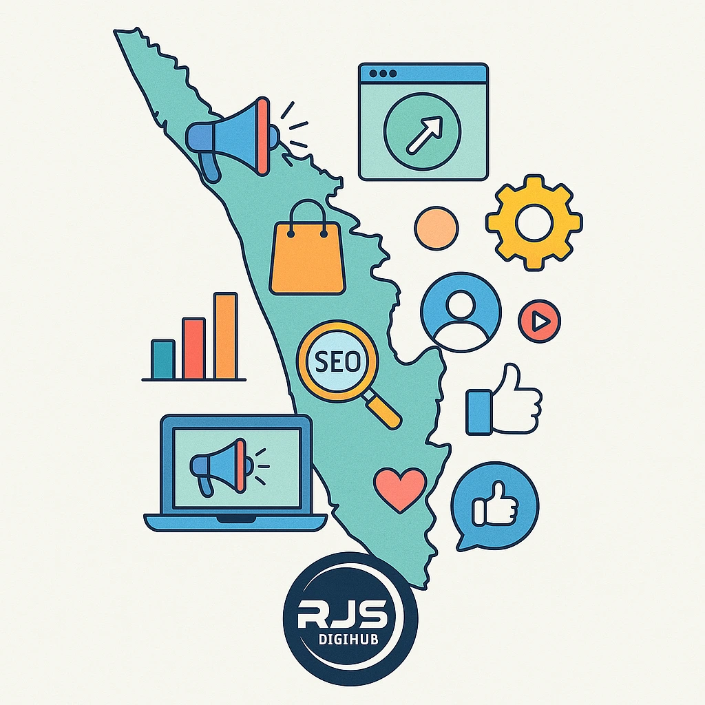 outline of Kerala state map which showing the various opportunities of social media marketing services across the state
