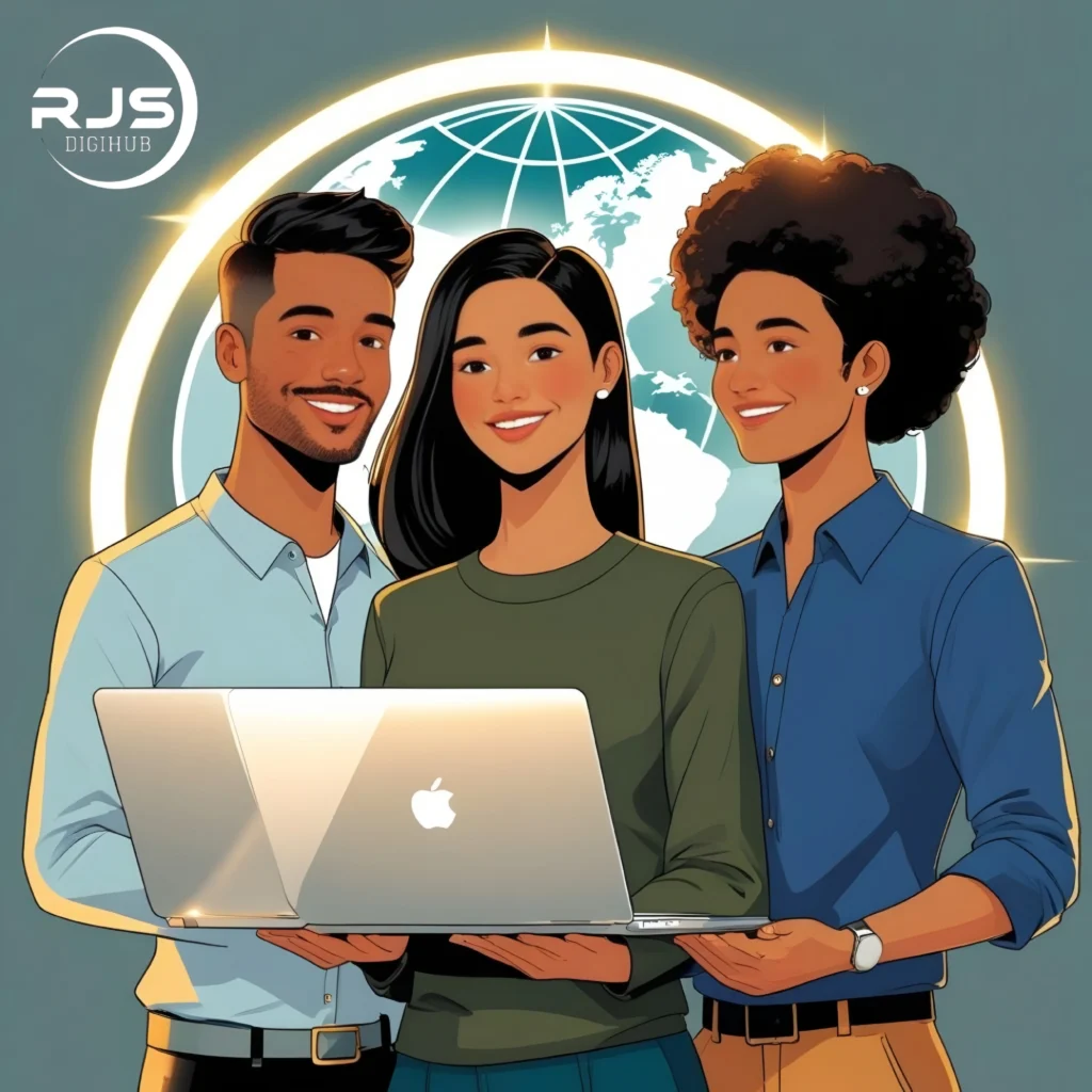 Diverse digital marketing team with laptop representing the Best Digital Marketing Company. also there is RJSDIGIHUB logo to show the brand pwoer